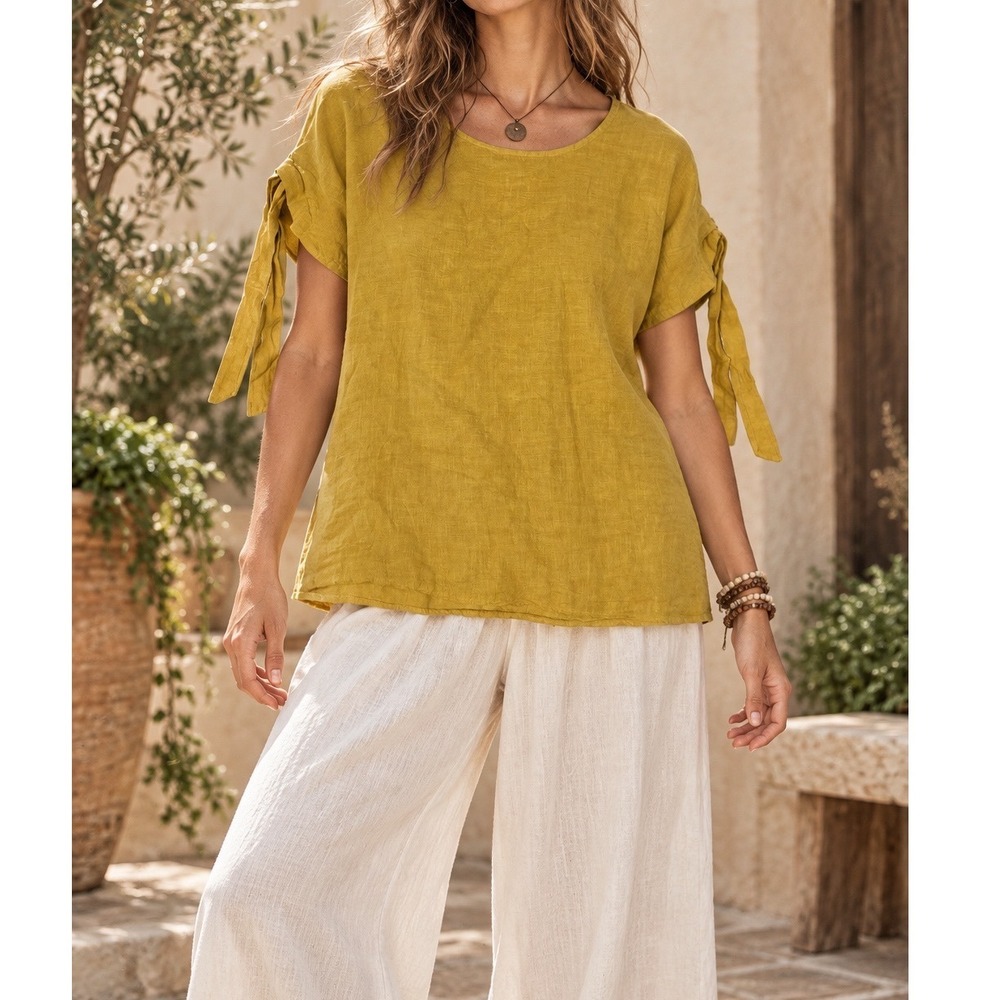 Bella Amore Italy Linen Tie Sleeve Top Mustard Yellow Boho Blouse luxury L/XL b5